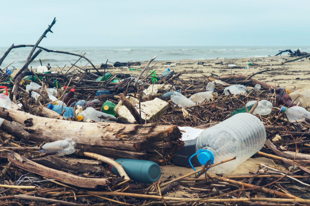 Spilled garbage on the beach of the big city. Empty used dirty plastic bottles. Dirty sea sandy shore the Black Sea. Environmental pollution. Ecological problem. Bokeh moving waves in the background
