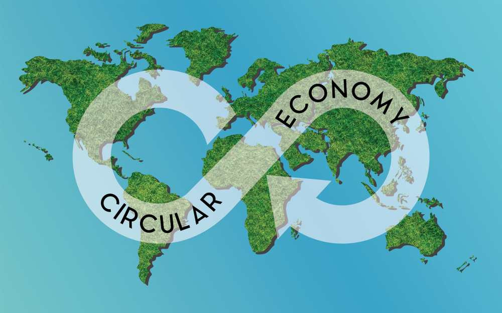 Upcycling and recycling is a way to save the earth. Logo on world map with green grass tree texture. Blue background