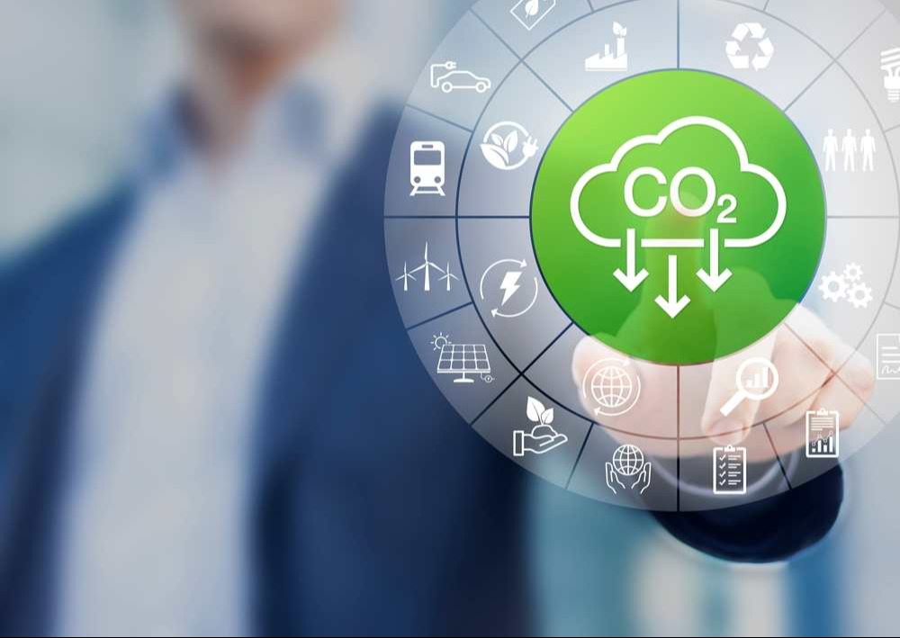 Lower CO2 emissions and reduce carbon footprint to limit global warming and climate change. Sustainable development and green business based on renewable energy, electric power, environment protection