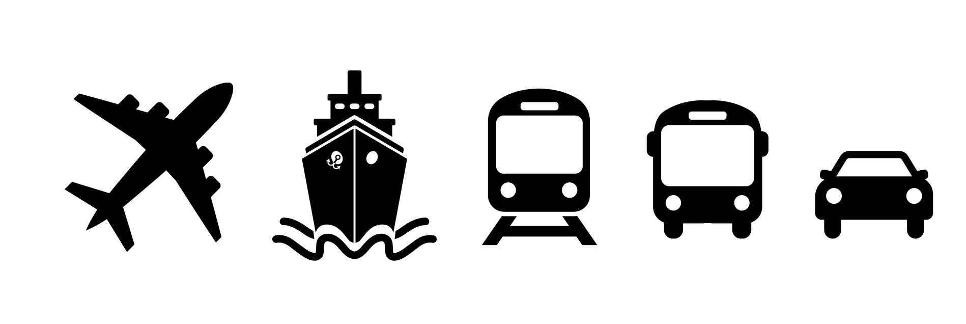 Transport icon set airplane, ship or ferry, train, public bus, auto, bike symbols in flat style.